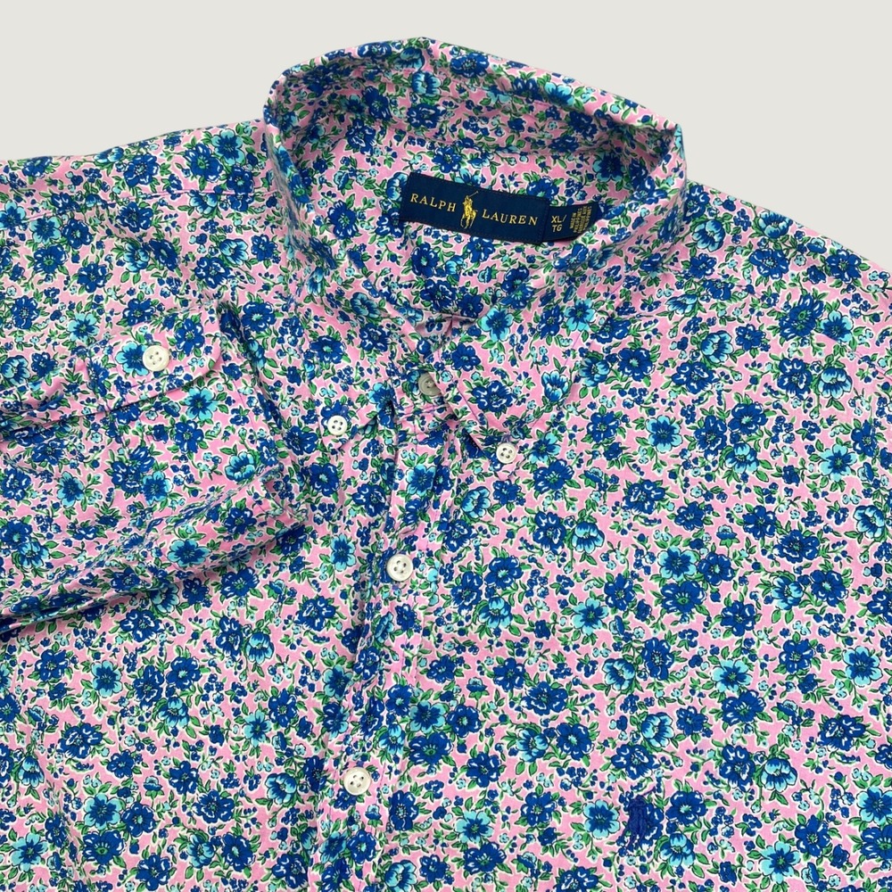 Ralph Lauren Mens XL Button Down Shirt Pink Blue Floral Cotton Long Sleeve